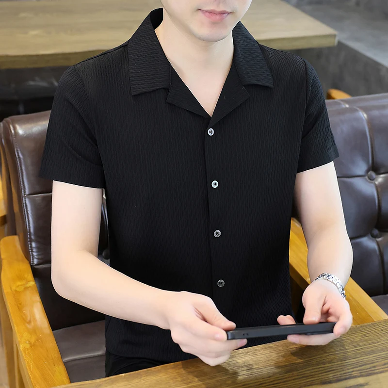 

2026 Summer Men's Silk Knitted Suit Collar Plaid Silk Quick-Dry Loose-Fitting Short-Sleeved T-shirt Trendy Korean Style