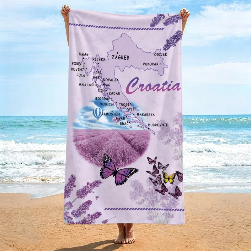 Newest Beach Towel Croatia Map Lavender Purple Butterfly Print Beach Towel Travel Souvenir Absorbent Vacation Bath Towel