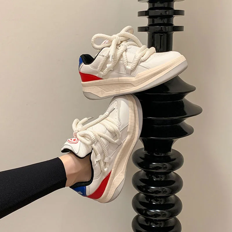 

Autumn cowhide Platform Casual Gym shoes round toe Lace up High-heeled dad shoes Large size Mixed Colors shoes