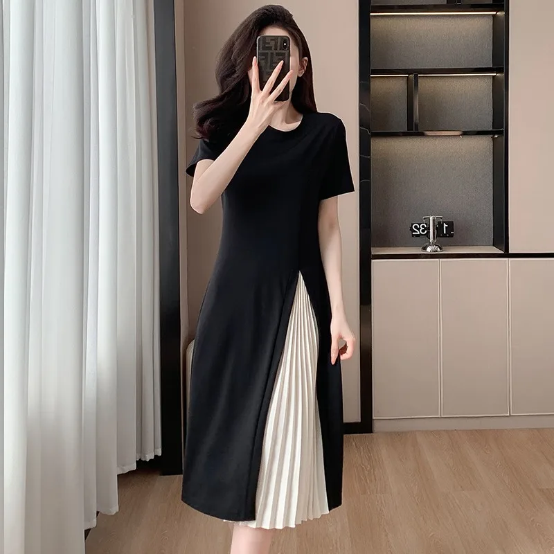

SuperAen Contrasting Color Dress Women's Summer Wrinkles Splicing Design Short Sleeve Long Dress