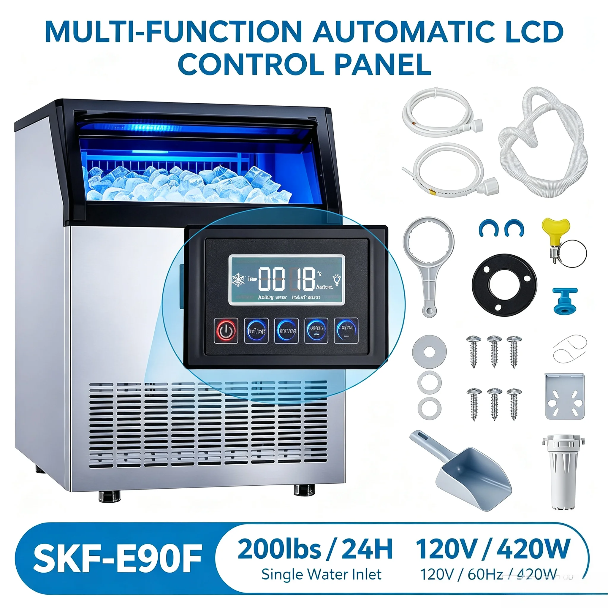 200Lbs Commercial Ice Maker Machine 120V/60Hz/420W Stainless Steel Integrated  Anti-rust Outer Shell Tthick Foam Heat Preservation Layer Food Grade PP Inner Liner