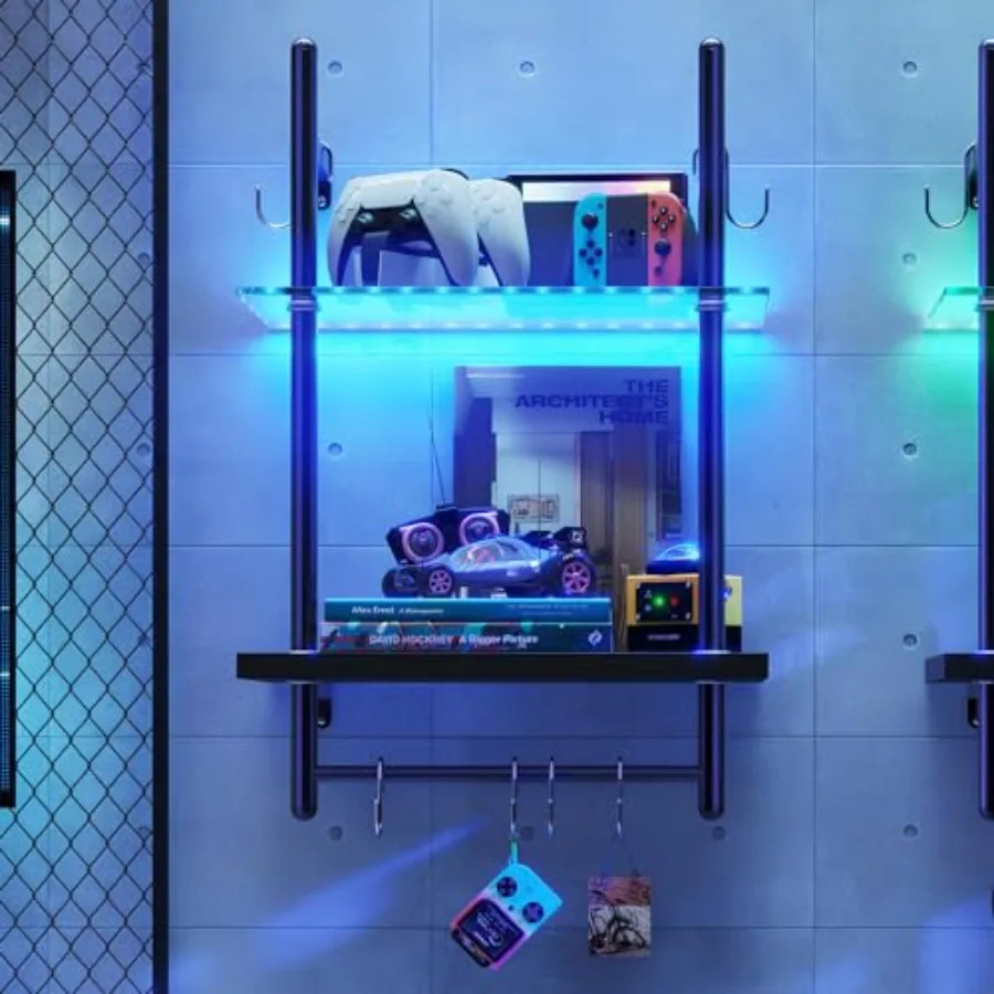 

LED Gaming Floating Shelves for Wall 15" Wall Mounted Shelf Pipe Glass Shelves 2 Tier Hanging Display Rack with 6 S-Hooks Towel