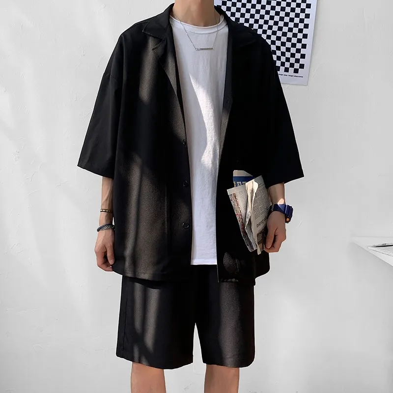 Summer 2 Piece Set Men Suit Jacket and Shorts Oversized Clean Fit Male Clothes Korean Style Casual Loose Short Shirt Outfits Man