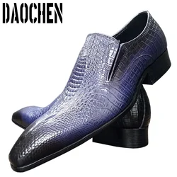 Luxury Men Leather Shoes Blue Crocodile Print Pointed Toe Slip on Casual Mens Dress Shoes Wedding Office Loafers For Men