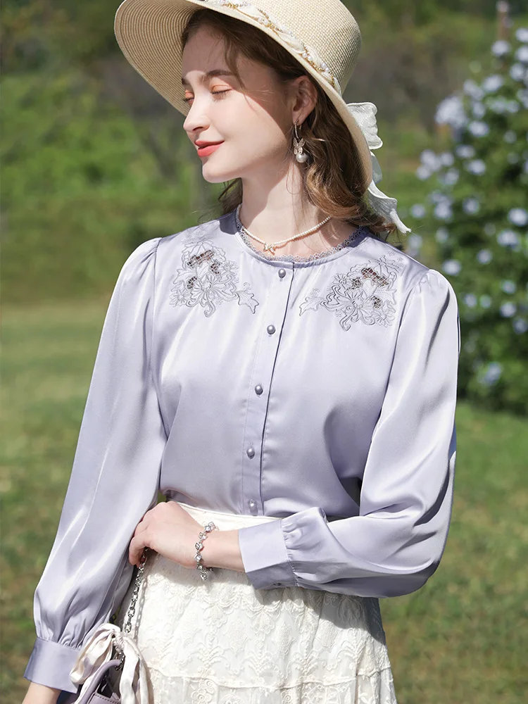 I BELIEVE YOU 2024 Spring New Shirt & Blouse For Women French Glossy Satin Embroidery Long-sleeve Elegant Lady Blouse 2241055485