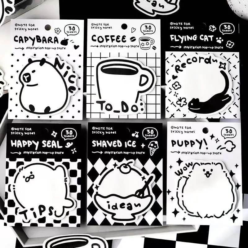 Kawai Special Shaped Note Paper Has Sticky Black and White Simple Student Stickers Handbook Note Stickers Material Paper Lovely
