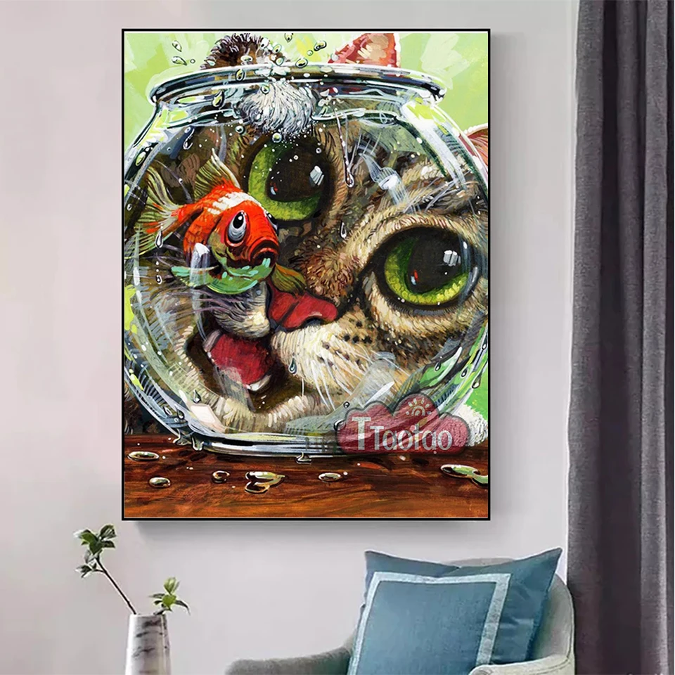 5D Cartoon Funny Animal Cat Diamond Painting Fish Tank Cross Stitch Diy Embroidery Square Round Mosaic Handmade Semi-finished