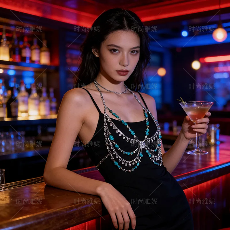 

Handmade Gemstone Bead Top Hanging Neck Versatile Hollow Body Chain Pearl Bra Sexy Colorful Bead Strapless Women