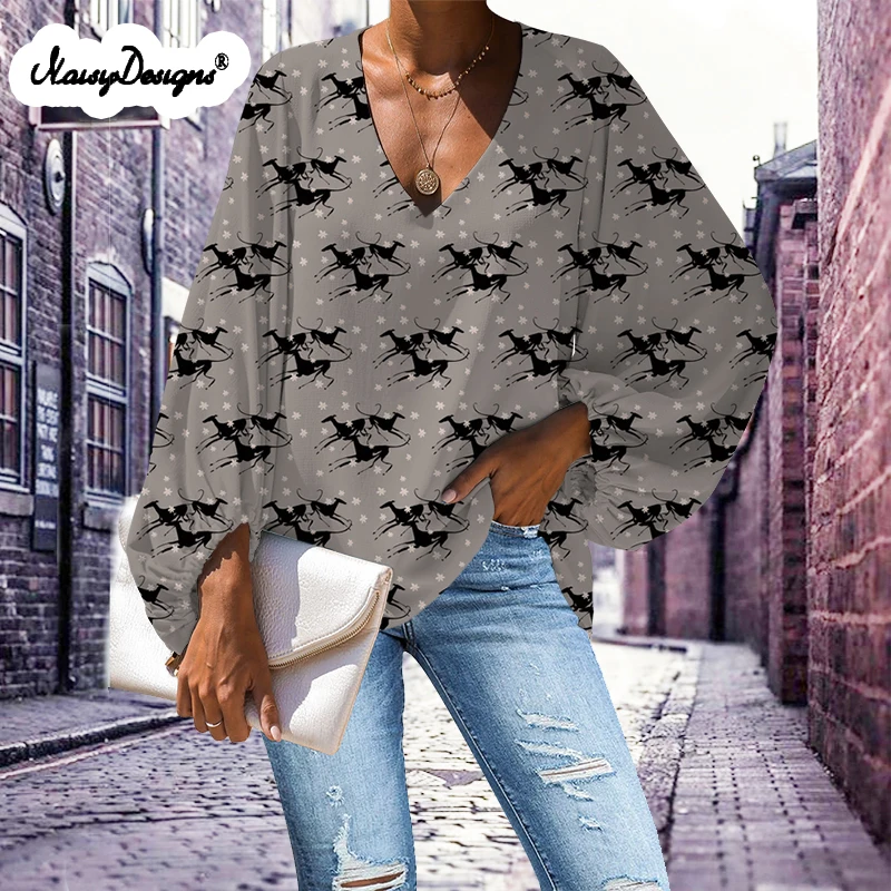 Noisydesigns Women White Blouse Long Sleeve V Neck Shirts Greyhound Dog Print Female Girl Loose Chiffon Summer Blusas Para Mujer