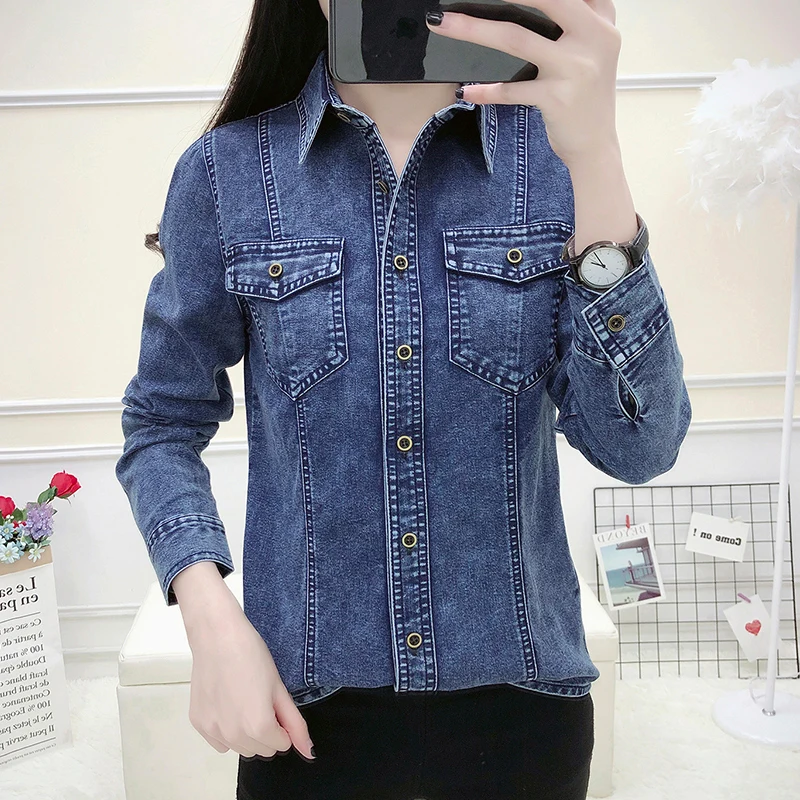 New 2024 Autumn Winter Denim Shirt Women Super High Quality Single Buttons Pockets Long Sleeve Top Femme Korean Shirts Blouses