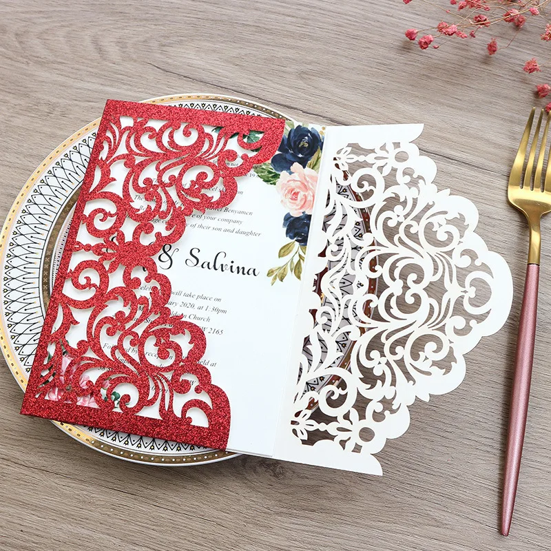 

50 Pieces Rococo Red Glitter Pocket Wedding Invitation Card Personalized Print Business XV Birthday Marriage Invite Cards IC145