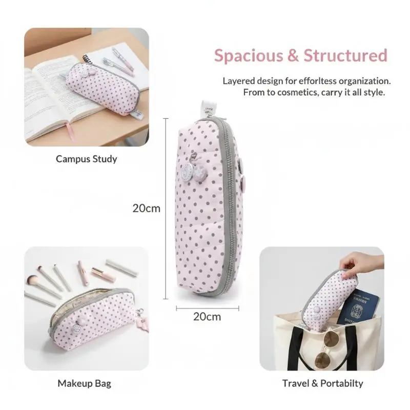 Polka Dot Print Large Capacity Stationery Pouch Shell Shape Multi-Layer Pencil Case for Kids Students Back to School