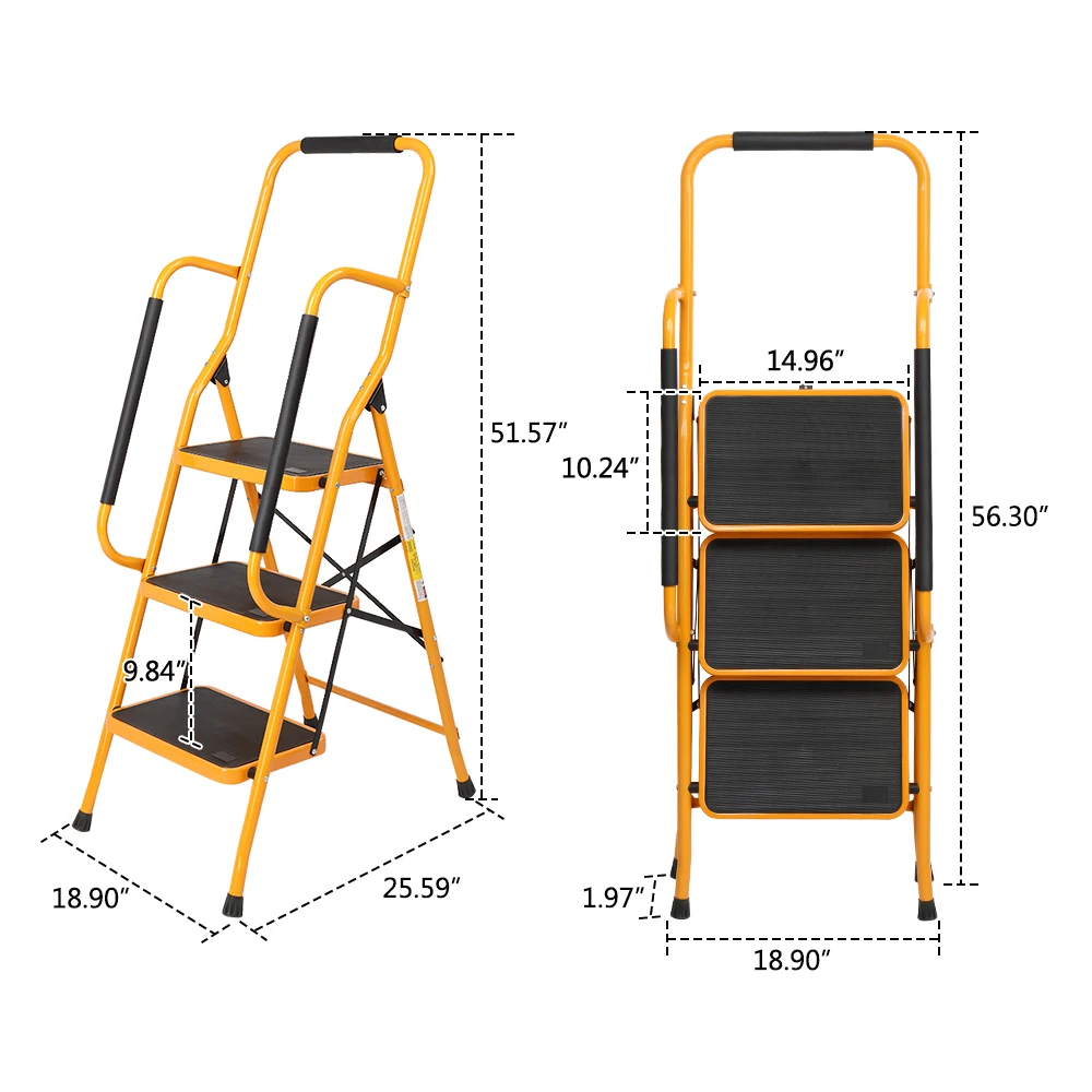 3-Stufen-Leiter mit Handlauf, 330 Pfund klappbarer Tritthocker, mit rutschfesten Seitenarmlehnen, großer Pedalbereich, geeignet für das Heimbüro