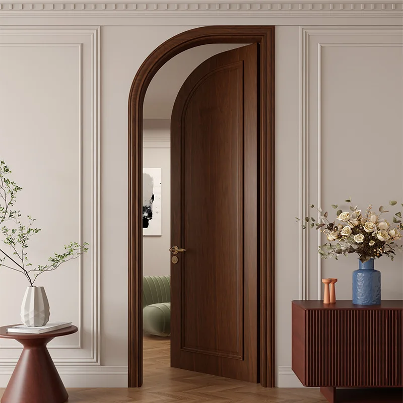 Customized retro French log wind semi-arc arched bedroom solid wood  room paint flat open special-shaped door