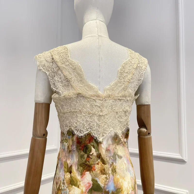 고품질 2025 섹시한 민소매 레이스 패치워크 미디 드레스