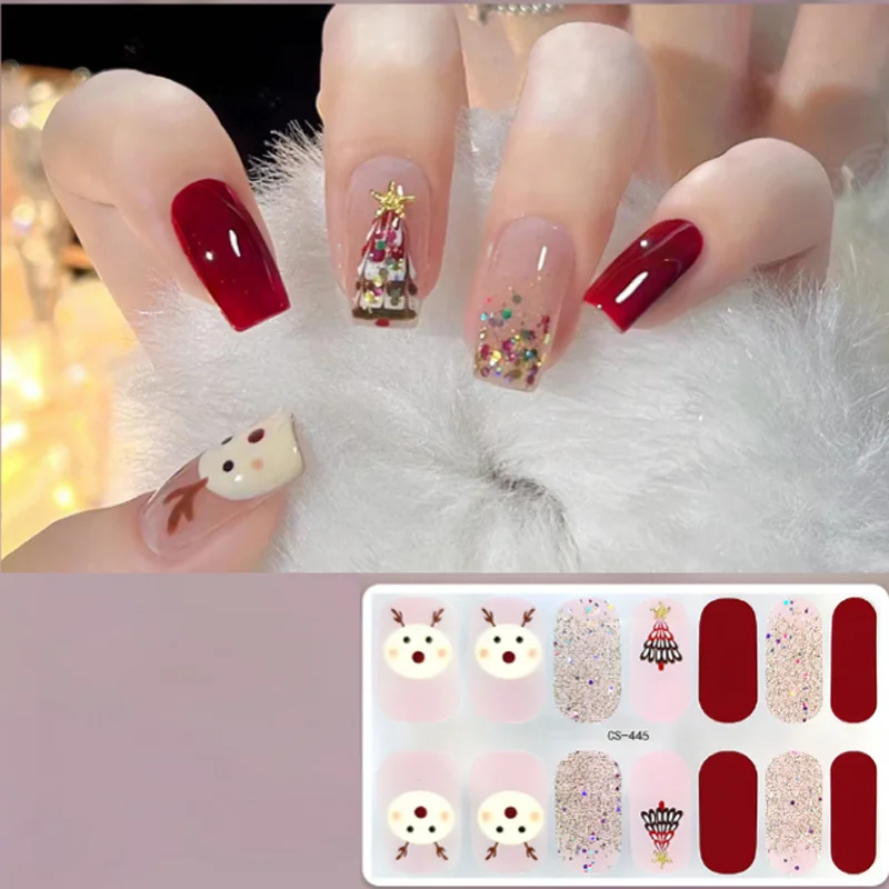 Świąteczne brokatowe naklejki żelowe na paznokcie, ręcznie robione paznokcie doczepiane, akcesoria do zdobienia paznokci, artykuły do paznokci, manicure, slidery na paznokcie, elementy do paznokci.
