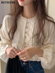 Bgteever Chic Elegante O-hals Knoppen Vrouwen Blouses Tops Lange Mouw Losse Vrouwelijke Trui Shirts 2023 Lente Dames Solid Blusas