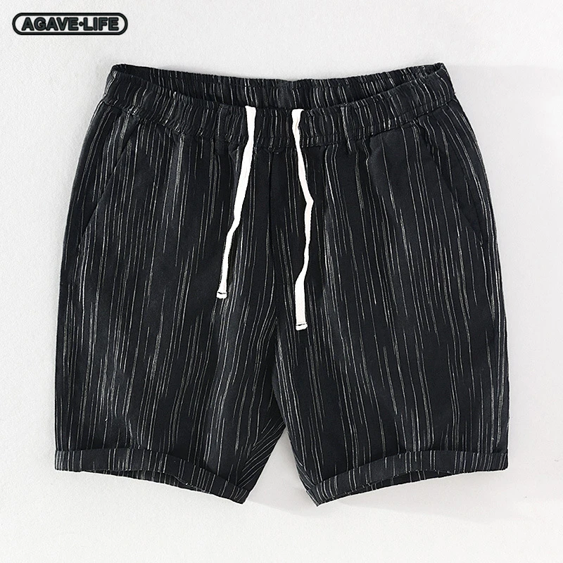 

Summer New Men's Casual Shorts Youth Male Hemp Yarn-dyed Striped Shorts Men Thin Solid Color Breathable Rope Elastic Middle Pant