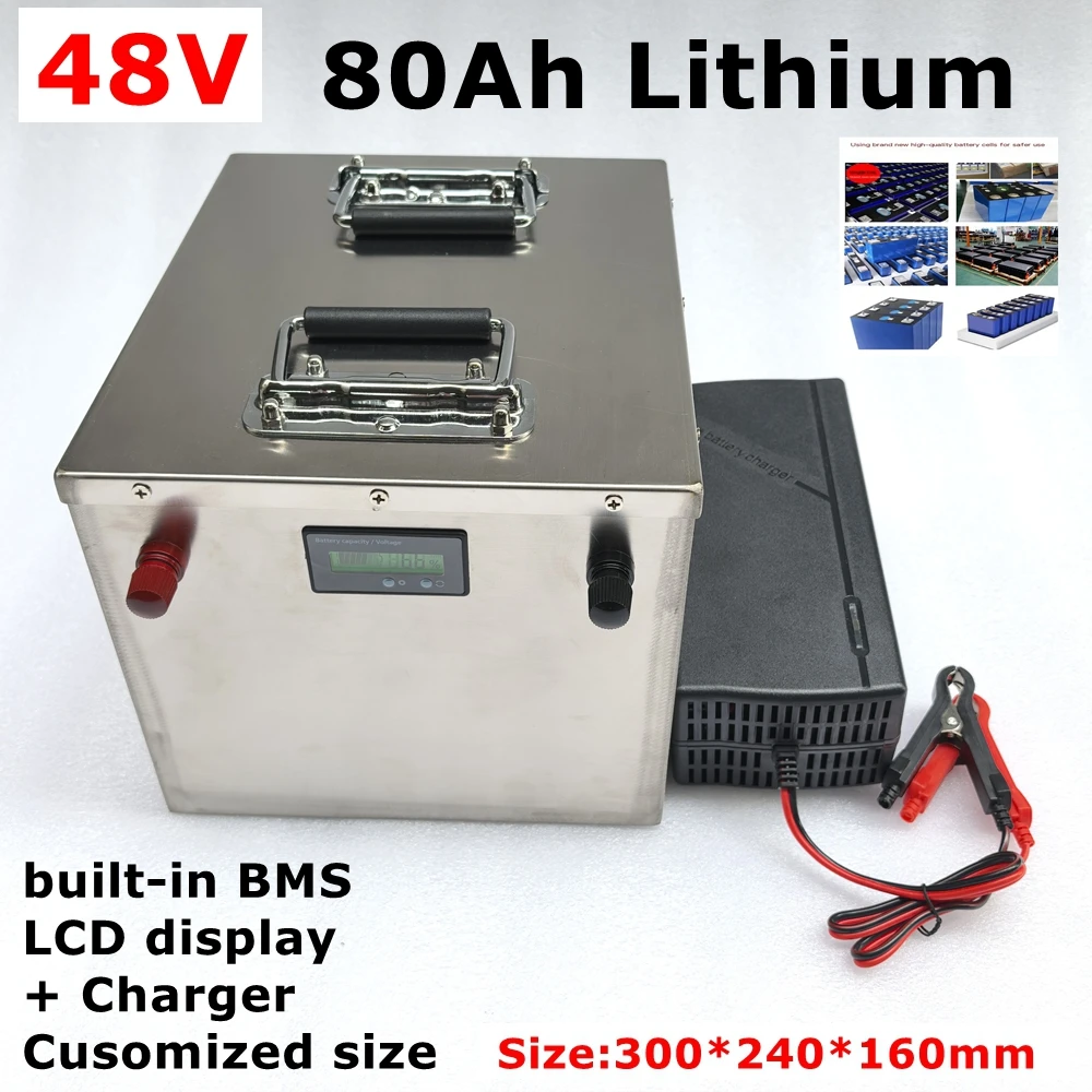 Batterie lithium-ion, 48V, 80Ah, 100Ah, BMS, pour scooter, tricycle, bateau de pêche, avec chargeur 10A, 5000W