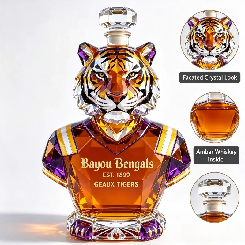 Unique Tiger Head Glass Decanter, Lead-Free Crystal Liquor Bottle, Home Bar Decor, Men Gift for Collection