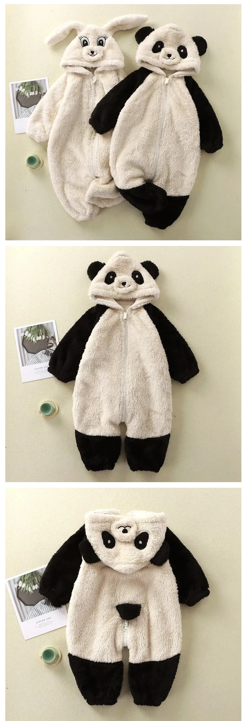 Baby Winter-Strampler aus Fleece mit Cartoon-Panda- und Hasenmotiv, Kapuzen-Jumpsuit für Jungen und Mädchen, Weiche Loungewear, Verdickter Kleinkind-Overall – Detail 2