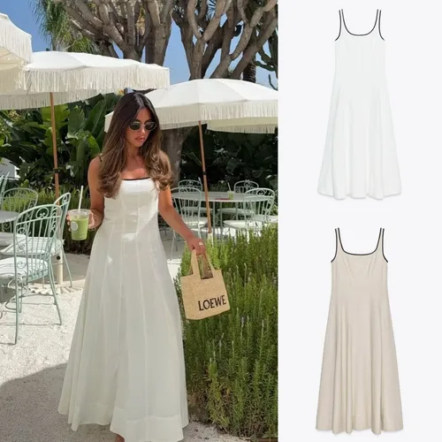 ETJ 2025 novedad de verano, versión acampanada con ribete de color contrastante, elegante vestido sin mangas MIDI a juego