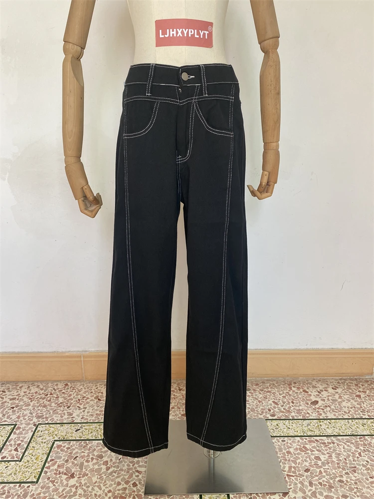 

Women's Curved Wide Leg Black Unisex Fashion Jeans Street Thin Trousers Cool Girl Casual Bottoms Female High Waist Denim Pants