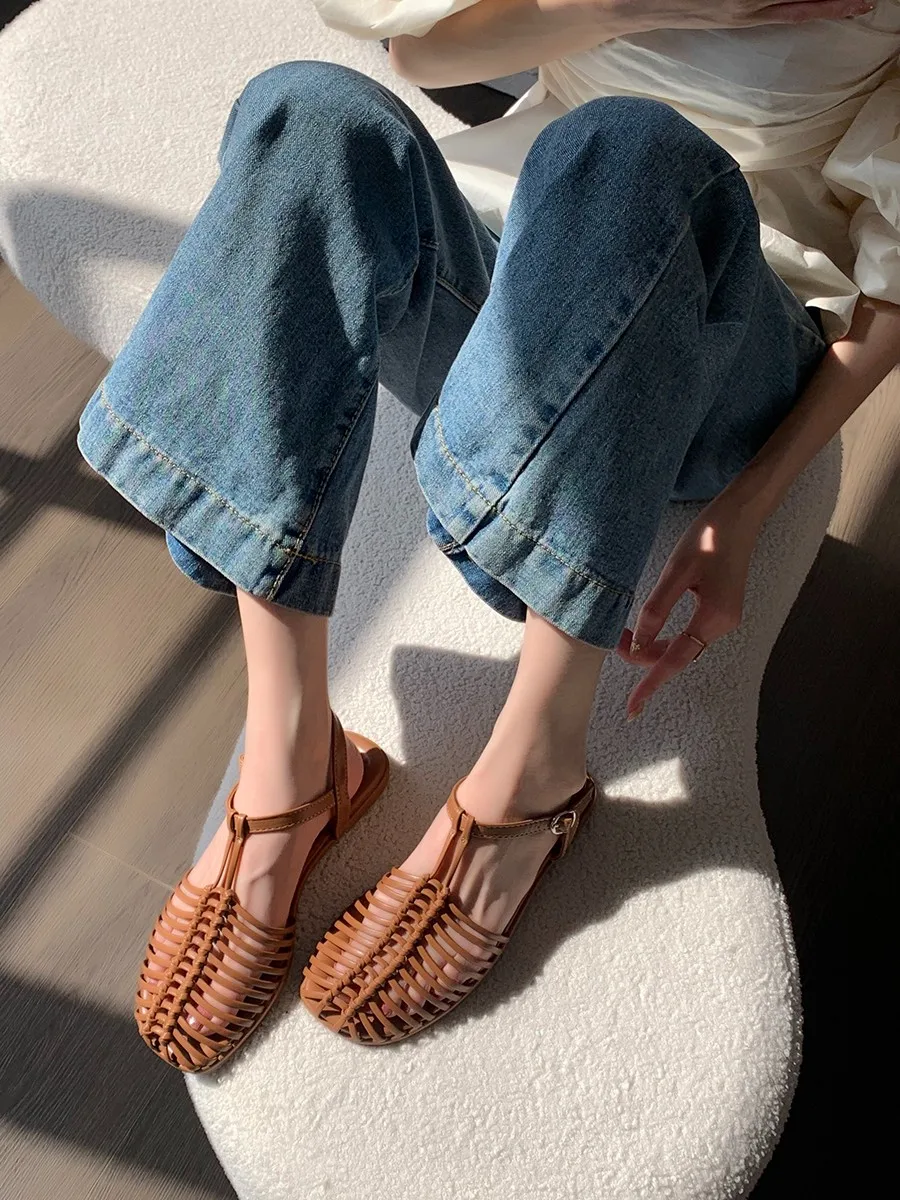 Design Brand Shoes Woman Sandals 2024 Summer Vacation Beach Shoe Woven Flat Shoes Fairy Style Hollowed Out Roman Sandalias Mujer