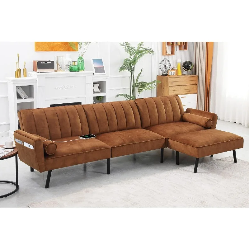 Canapé convertible en velours en forme de L avec chaise longue, canapé futon pliant, dos fendu, USB, 106.5 po