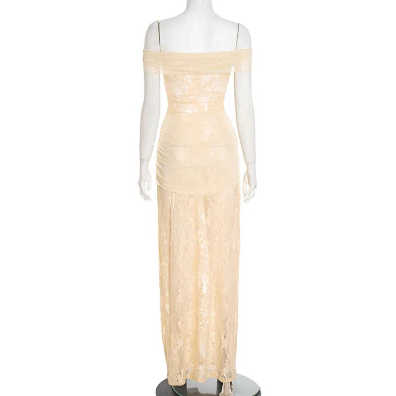 Sukienka maxi z koronką, sznurowana, z siateczki, patchworkowa, damska, elegancka, seksowna, z dekoltem typu slash neck, odkryte ramiona, bez pleców, obcisła, na imprezę klubową, długa szata.