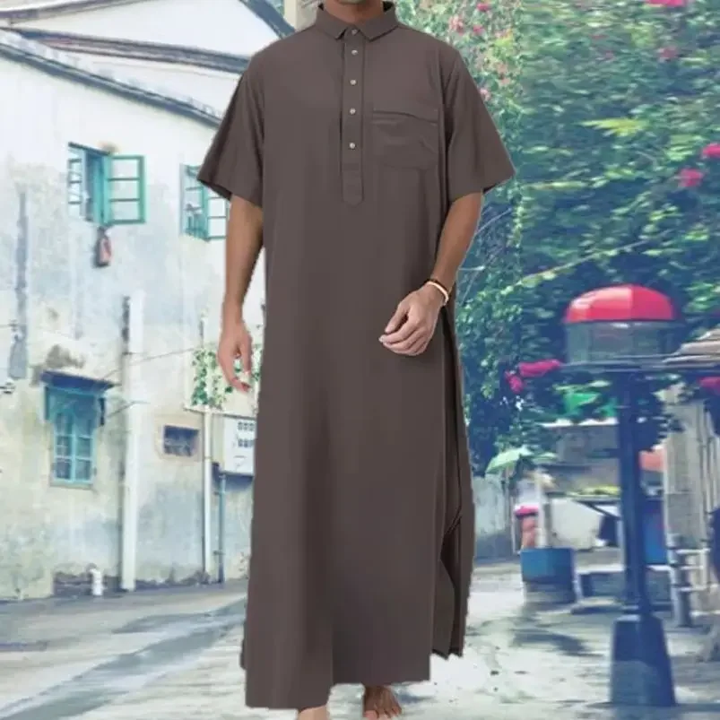 

Muslim Men Short Sleeve Robe Button Collar Jubba Thobe Eid Islam Clothing Turkey Kaftan Dubai Abaya Dress Gown Daffah Dishdasha
