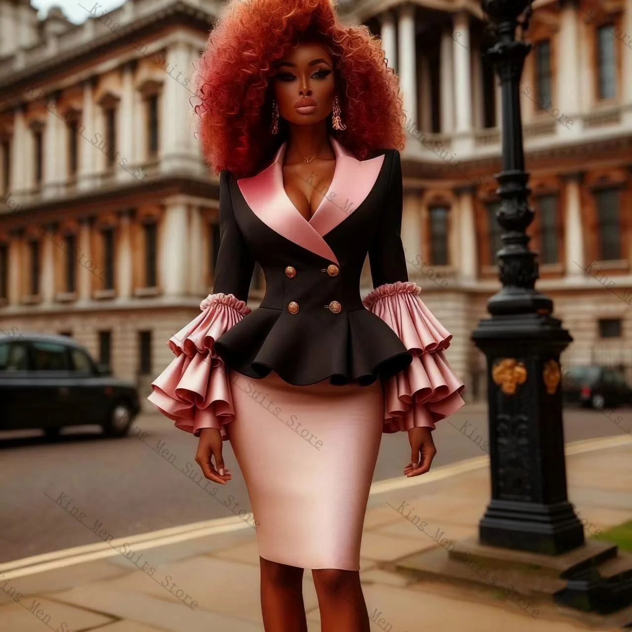 Black Pink Women Suit Set 2 Pcs Blazer+Short Mini Prom Dress Ruffles Sleeves Customized Formal Guest Wedding Tuxedos Coat Jacket