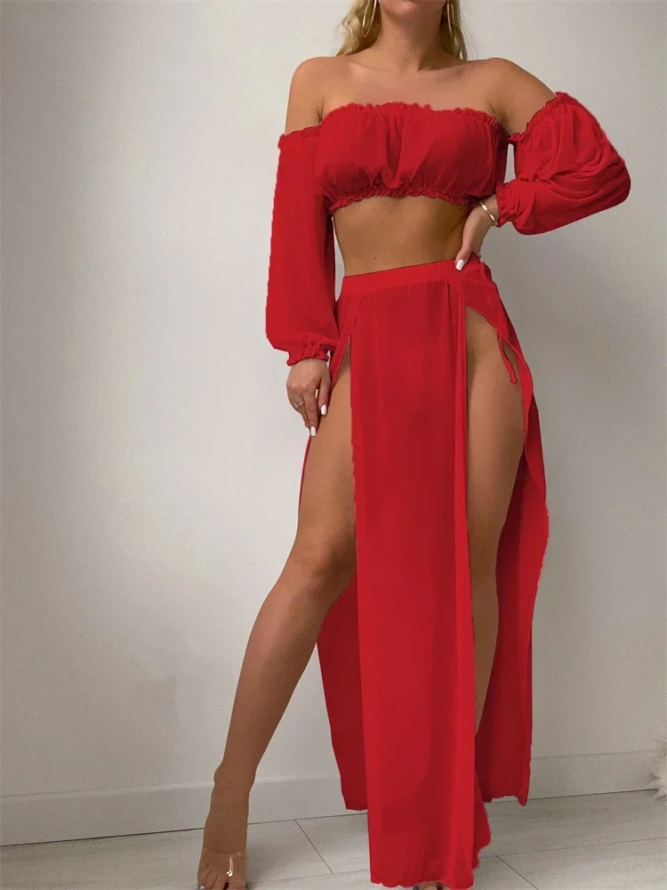 Swimwear Women 2025 New Solid Long Sleeves Ruffle Bandeau Swimsuit Long Skirt Mesh Smock 2 Piece Beach Wear Bathing Suit Female