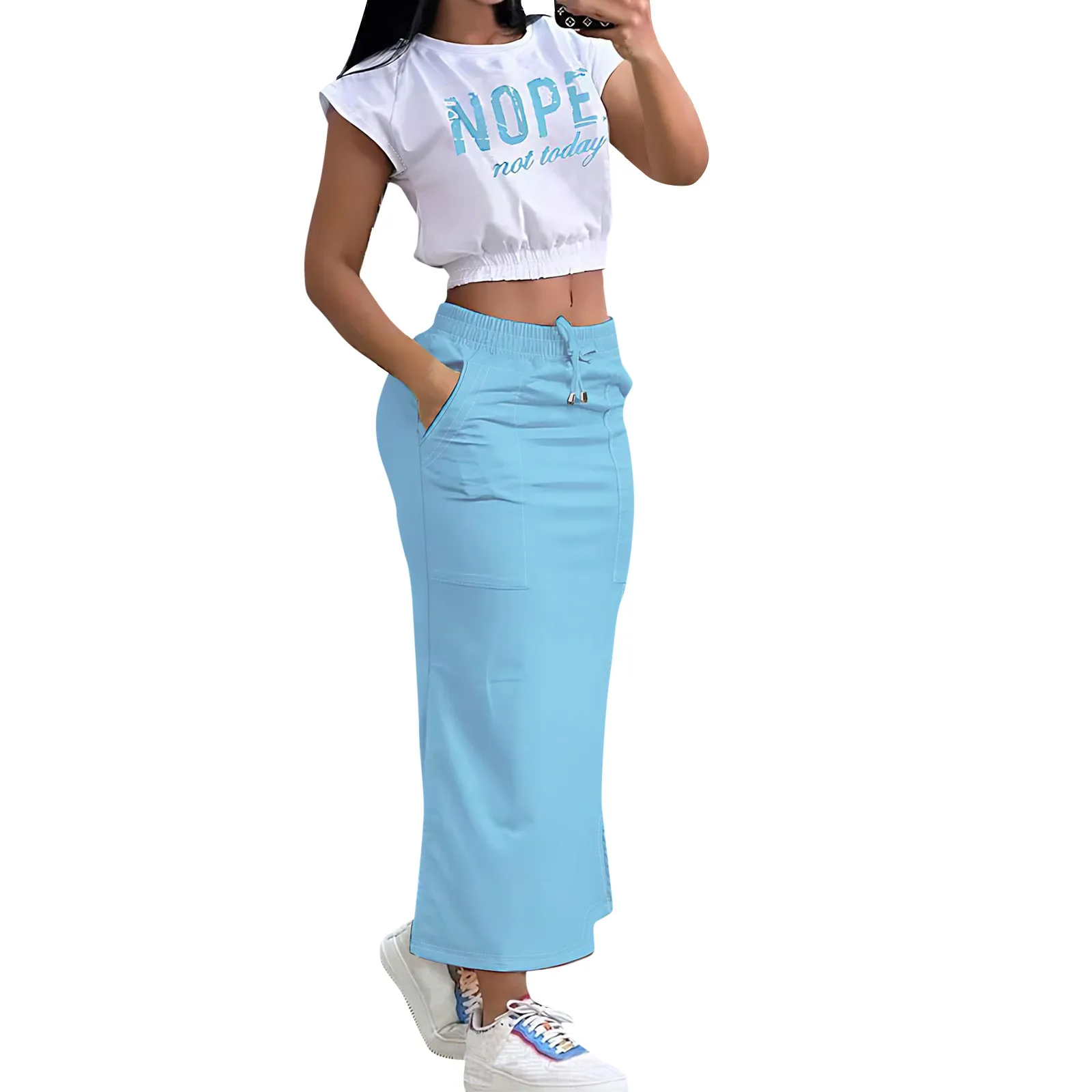 Sexy T-shirt Skirt Two Piece Set Women New Short Sleeve O-Neck Crop Top High Waist Skirt Solid Fashion Suit Streetwear Partywear