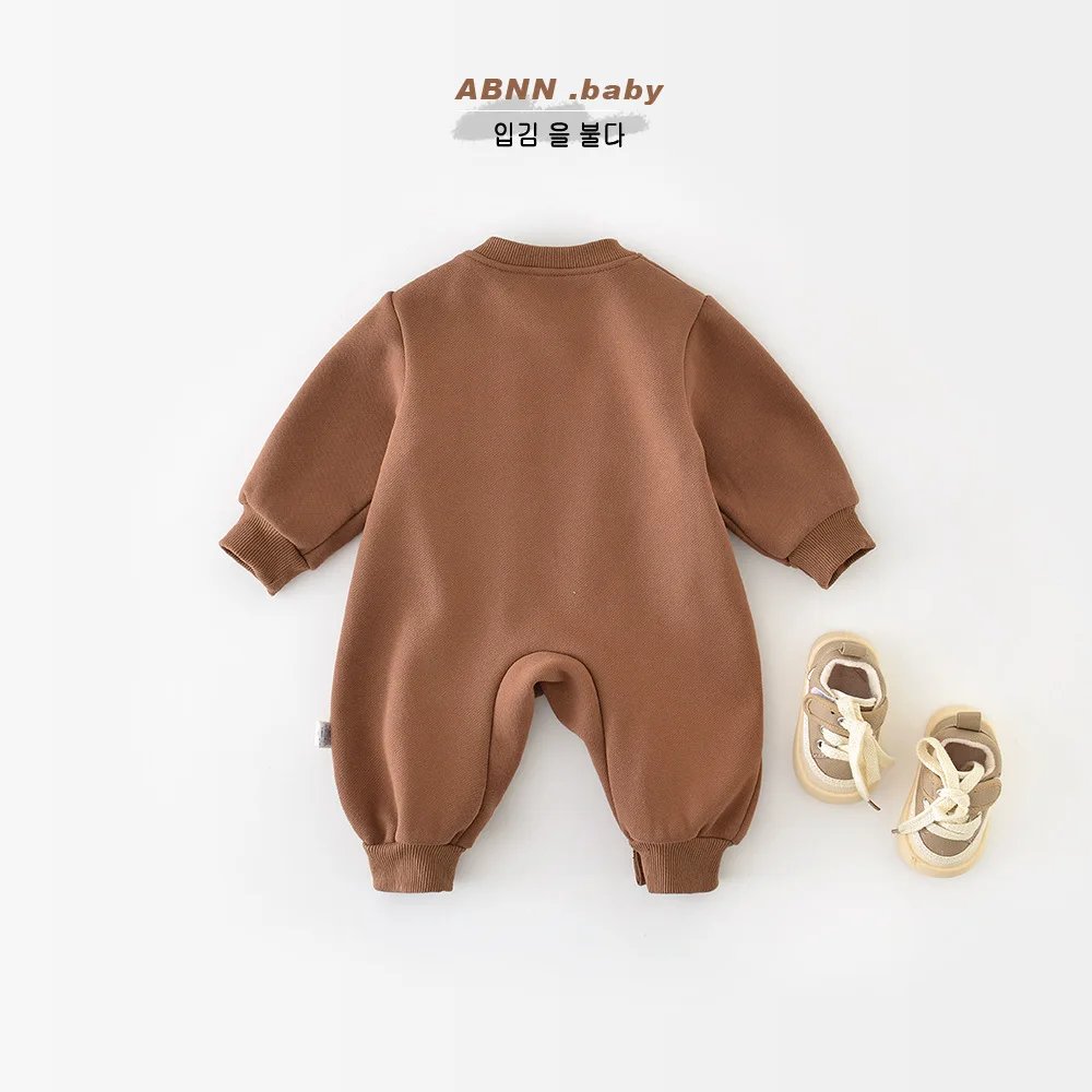 Korean Autumn Winter Baby Boys Jumpsuit Letter Printed Plus Velvet Cotton Infant Boys Rompers Toddler Boys Fleece Pullovers