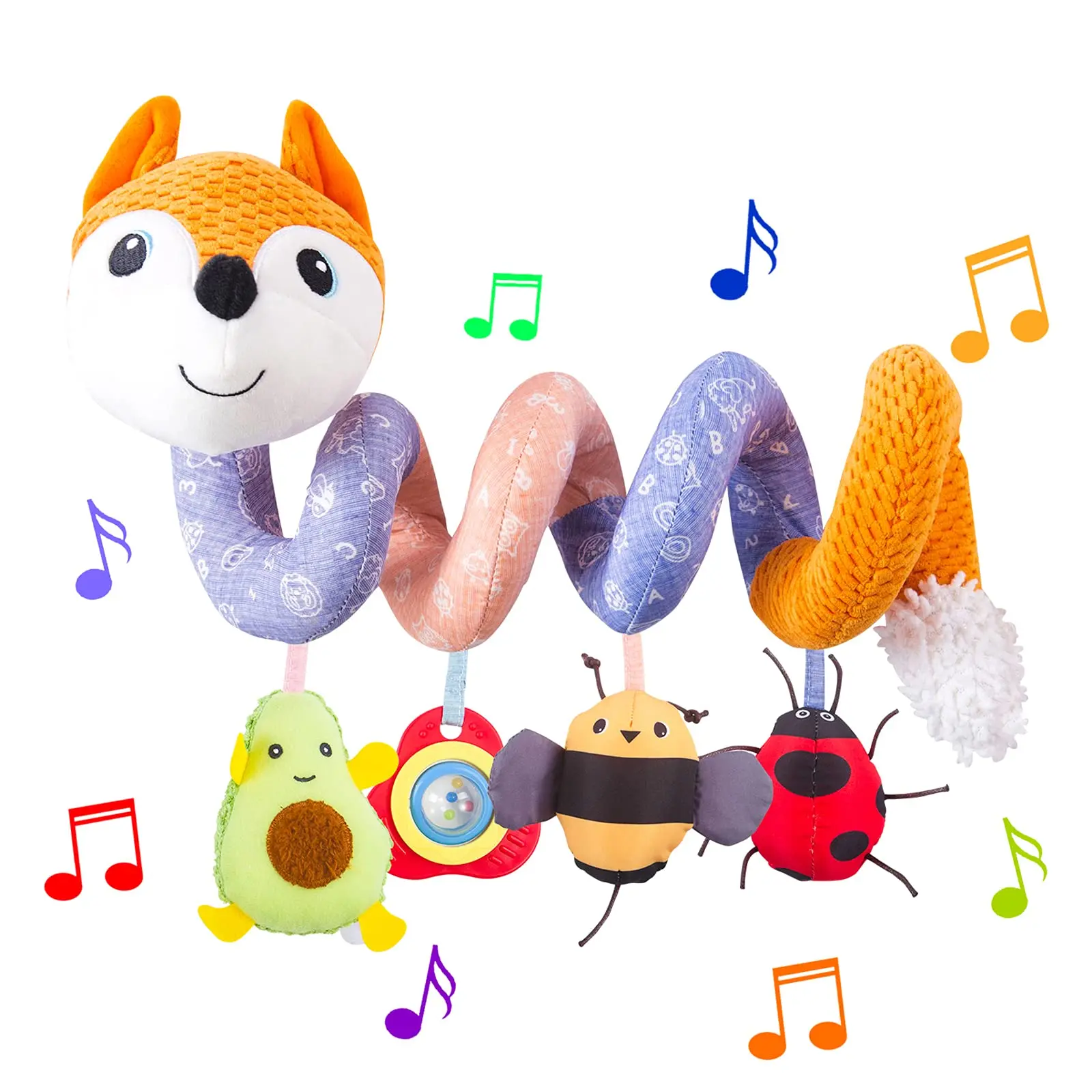 Infant Baby Orange Fox Spiral Plush Activity Hanging Toys Car Seat Stroller Crib Bassinet Mobile Music BB Squeaker and Rattles