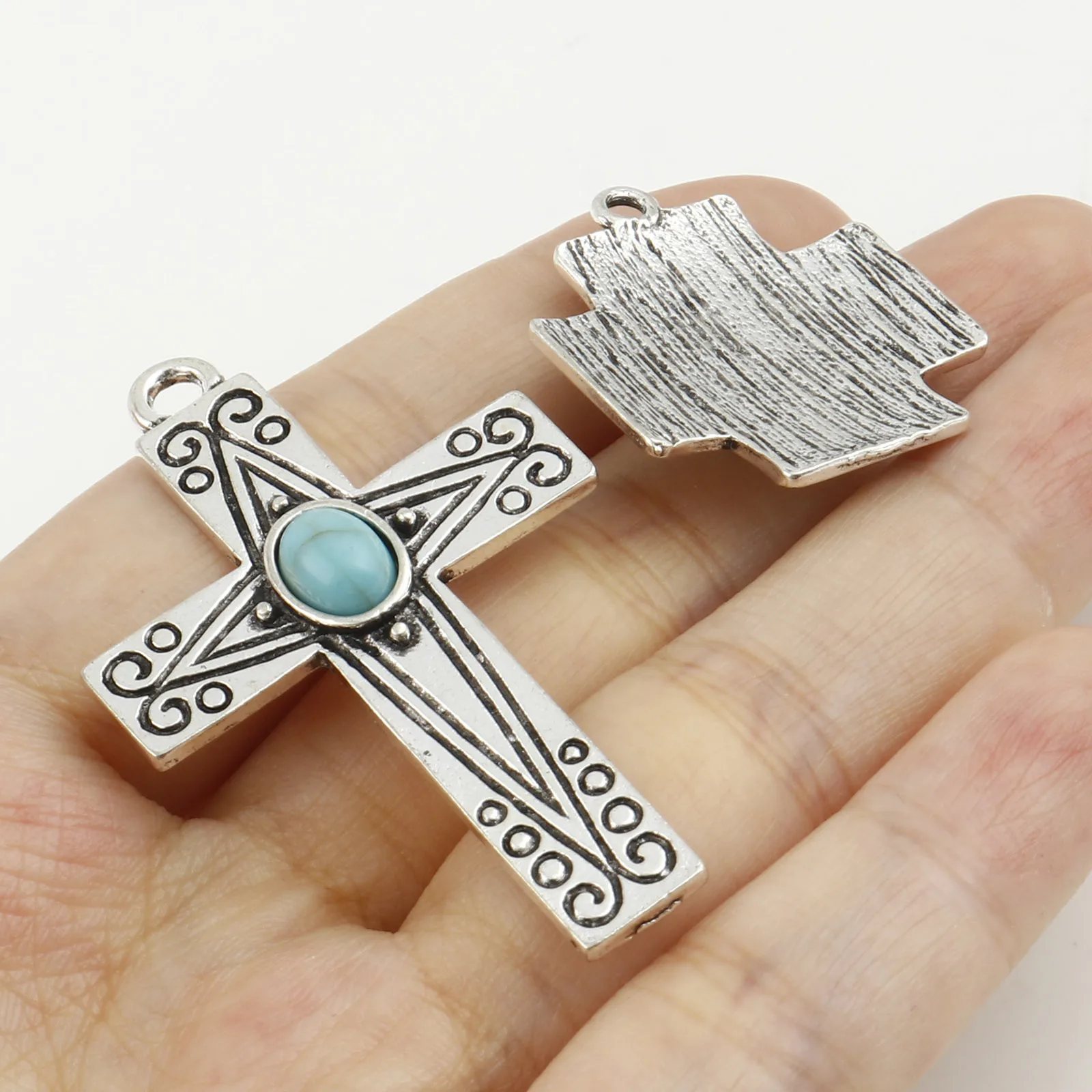 Bohemian Metal Charms Cross Antique Silver Color Blue With Resin Cabochons  Pendant DIY Necklace Jewelry,5PCs