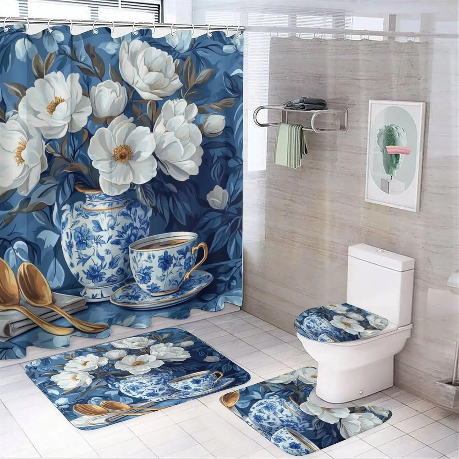 

Наборы ковриков для ванной комнаты из 4 предметов с занавеской для душа, синий цветочный узор с принтом на декора и аксессуарах для ванной комнаты, разработанный для