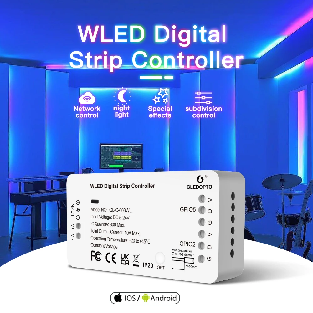 

WLED LED Light Strip Controller 5-24V WiFi APP Control Over 100 Dynamic Lighting Modes DIY 800 IC for RGB RGBW Led Strip