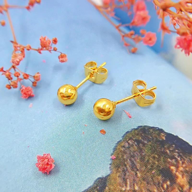 9999 Real Gold 24K Small Ball Glossy Frosted Earrings Women's Fashion Gold Golden Doudou Fashion Round Earrings