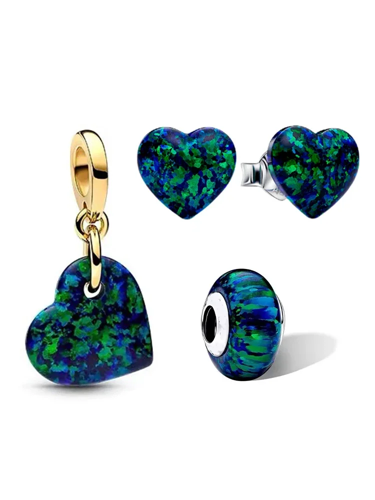 Sterling 925 Silver Beads Blue Green Illusion Heart Series Charm Fit Women's Bracelet Necklace Earrings Diy Jewelry Gift view 4