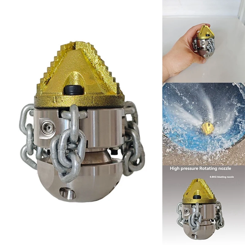 70L Rotating Blasting Nozzle High Pressure Pipeline Dredging Cleaning Nozzle Rope&Chain Sling Rotating Sewer Nozzle