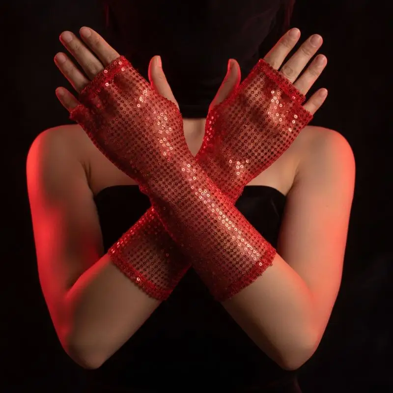 1Pair Fashion Gothic Shiny Sequins Gloves Punk Black Gold Red Club Dancing Gloves For Women Men
