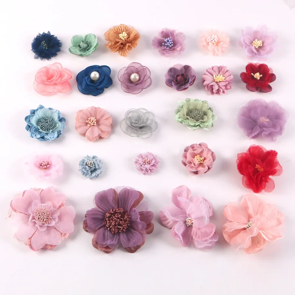 Artificial Flowers Head With Bead Chiffon Fabric Hairpin  Wedding Dress Clothing Making Accessories Silk Flowers