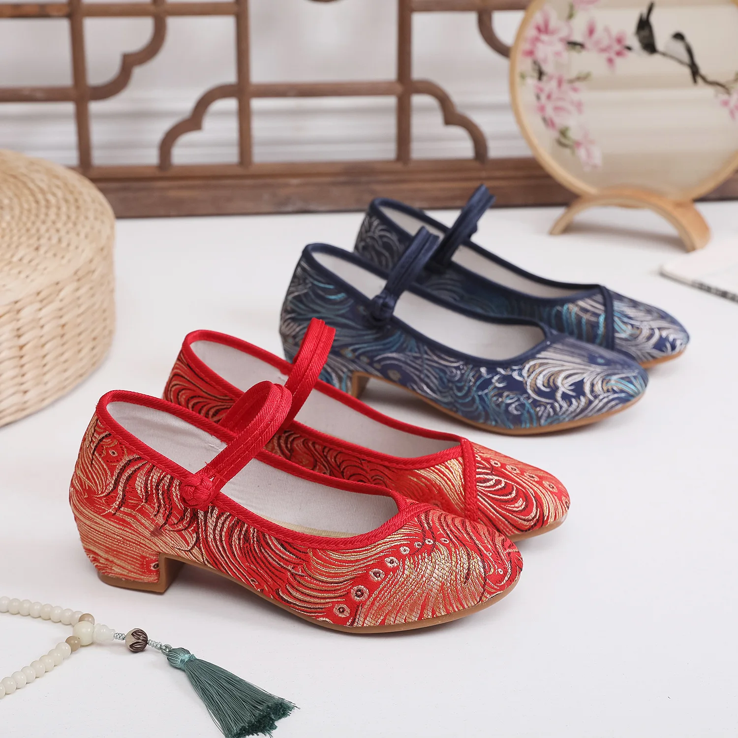 2026 Women's Red & Dark Blue Phoenix Pattern Block Heel Mary Jane Shoes Chinese Ethnic Style Oriental Casual Pumps Q-239