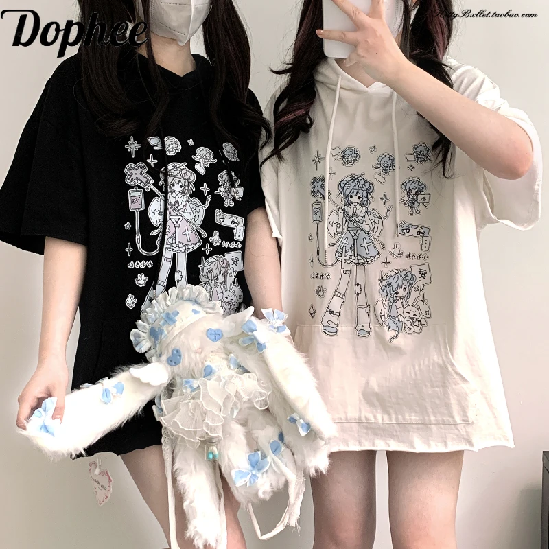 

Dophee Original Subculture Y2k Punk Women Loose T-shirt Rabbit Ear Hooded Pullover Top School Girl Cartoon Short Sleeve Tee Cute