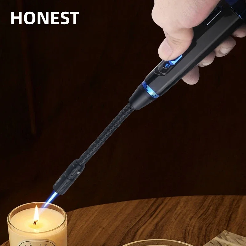 HONEST 720° Seamless Steel Hose Windproof Jet Blue Flame Butane Gas Lighter Visible Gas Window Outdoor BBQ Kitchen Cigar Lighter