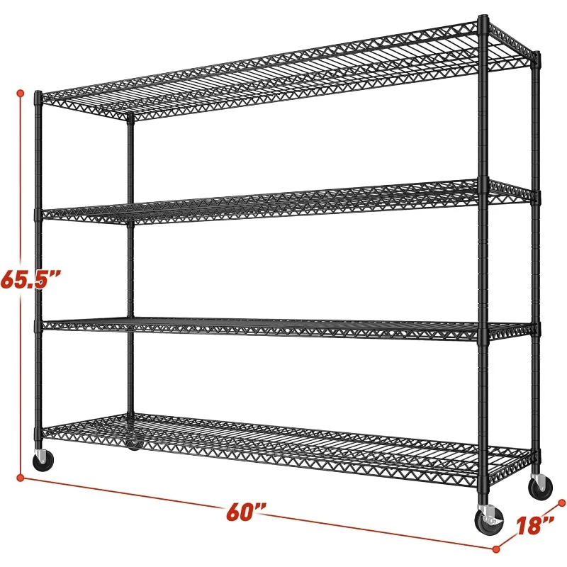 60''W Storage Shelves, 4 Tier Steel Wire Shelving Unit on Wheels, 2500LBS Adjustable Metal Shelves for Kitchen, Pantry, Office