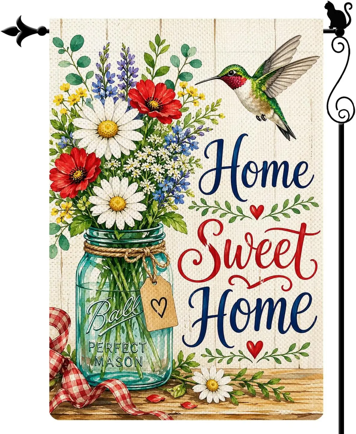 Home Sweet Home Mason Jar Garden Flag, Double Sided 12 x 18 Inch Burlap Outdoor Yard Flag for Porch Patio Lawn Decor PPZ