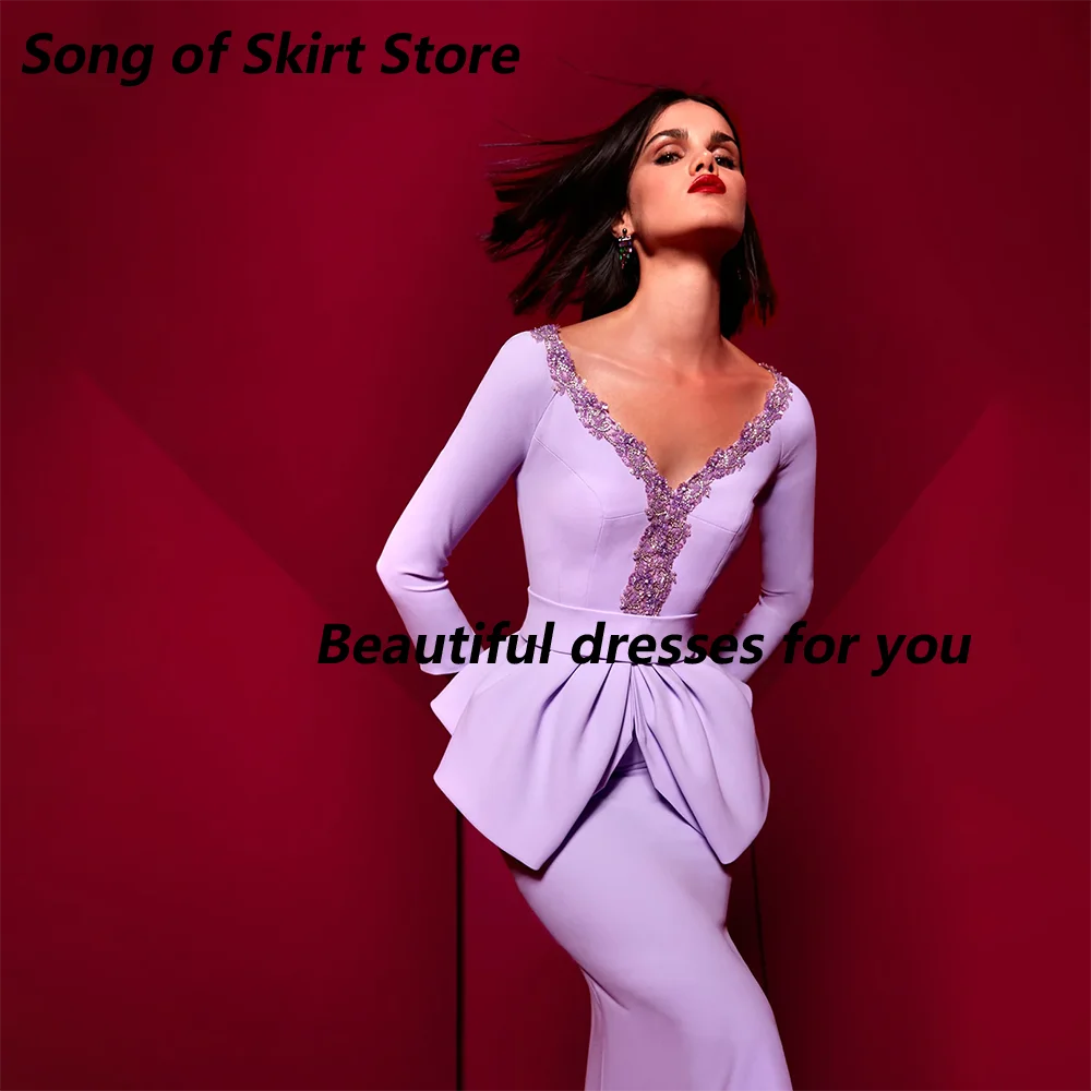 Lilac Mother of The Bride Dress Customized V-Neck Long Sleeves Bead Crystal Heath/Column Floor Length Wedding Guest Gowns